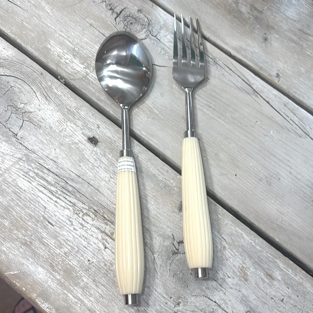 NWOT Stainless Steel Serving Set. Spoon | Fork. 11.5”L Trendy | Ribbed Design